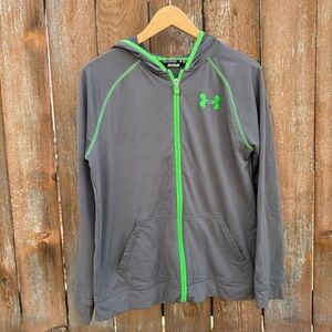 Under Armour Boys Gray Neon Green Full Zip Lightweight Sweatshirt Loose Size XL
